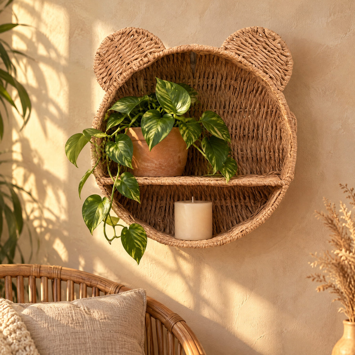 Rattanowa półka miś z rośliną i świecą w salonie boho