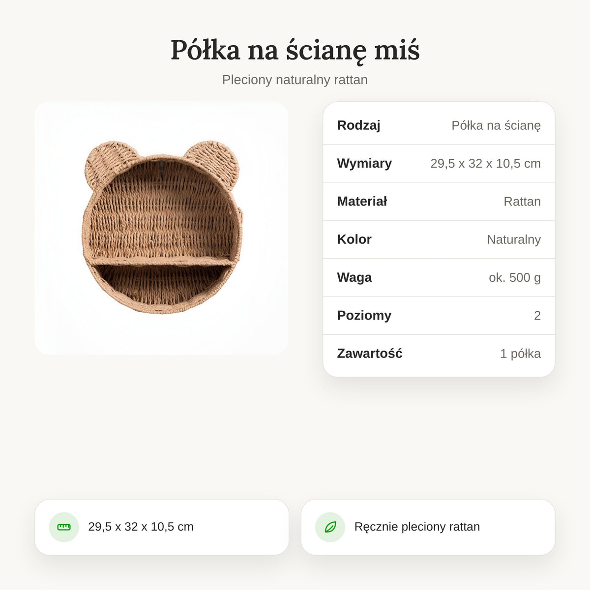 Specyfikacja półki na ścianę miś 29,5 x 32 x 10,5 cm