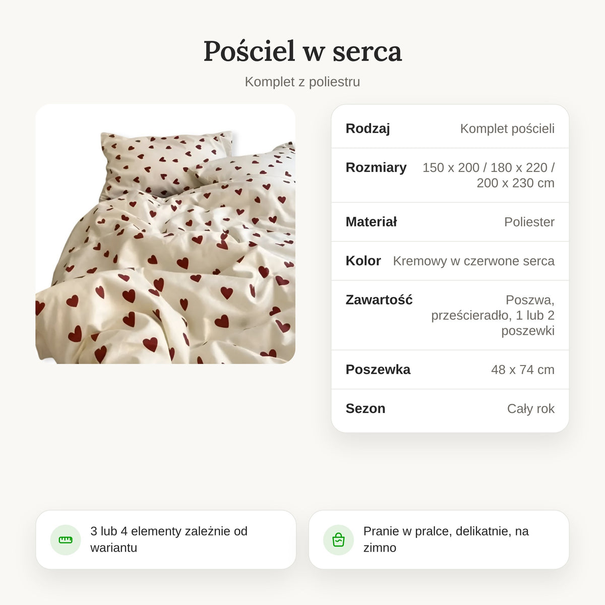 Specyfikacja pościeli w serca z poliestru