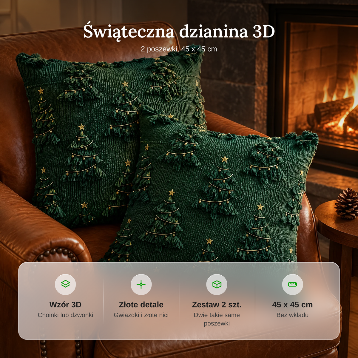 Zalety poszewek świątecznych 45x45: wzór 3D z dzianiny, złote detale, zestaw 2 szt., bez wkładu