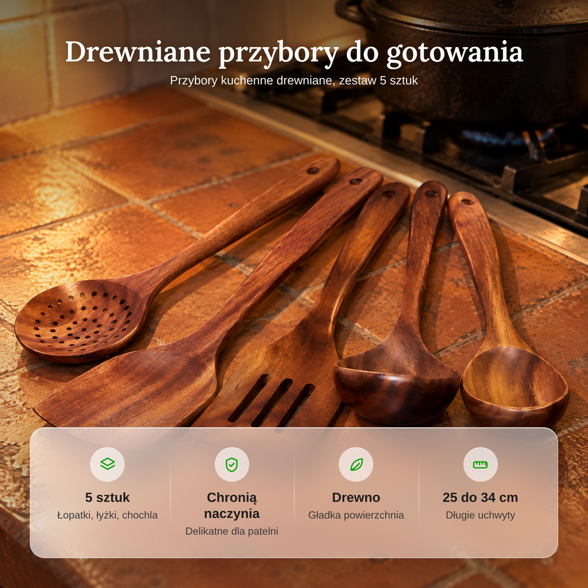 Zalety drewnianych przyborów kuchennych: 5 sztuk, chronią naczynia, gładka powierzchnia, 25 do 34 cm