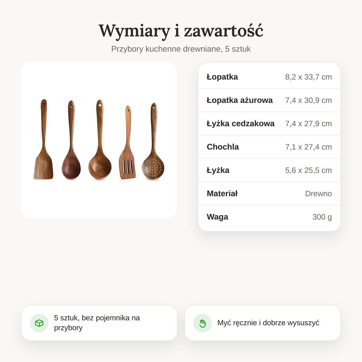 Wymiary i zawartość zestawu drewnianych przyborów kuchennych, 5 sztuk