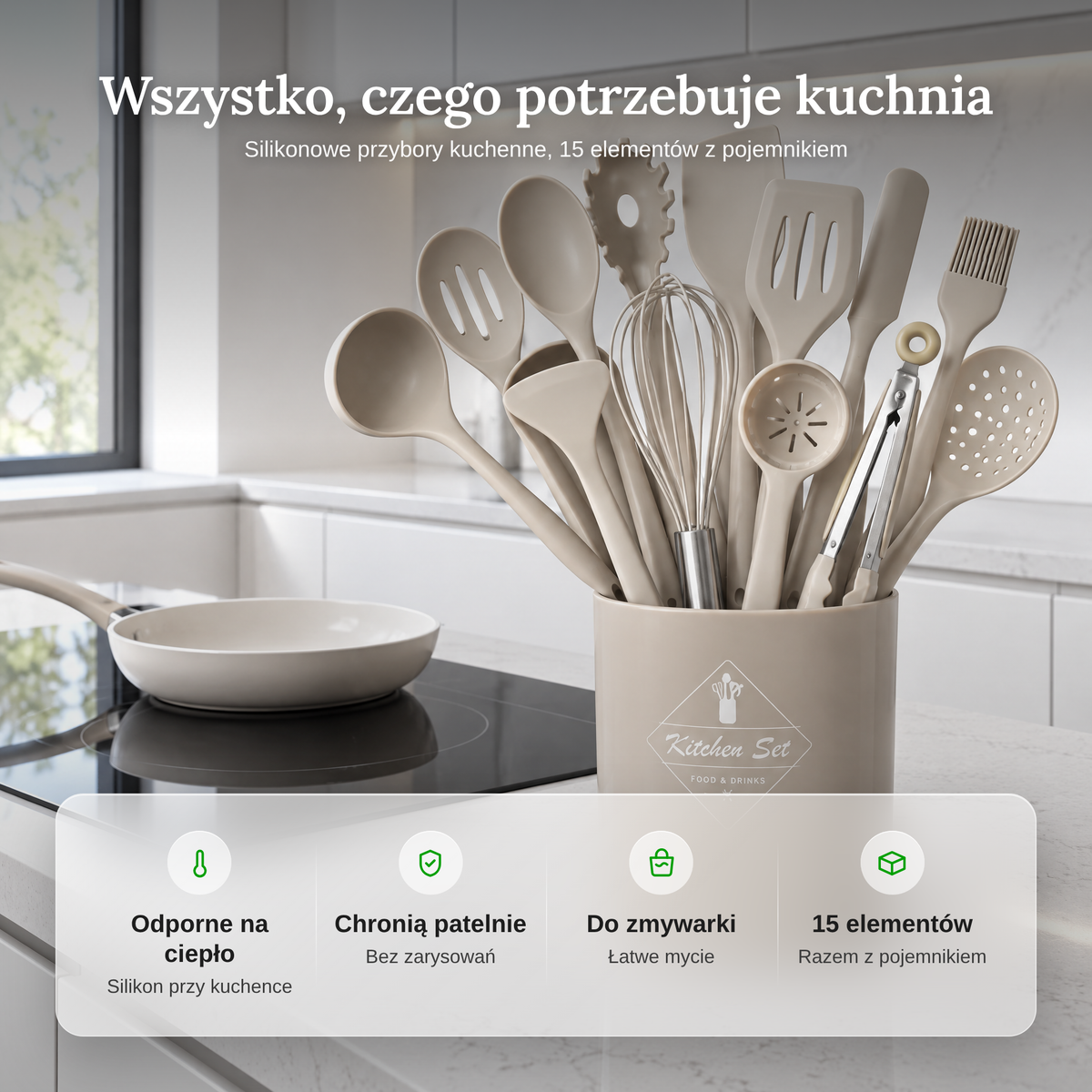 Zalety przyborów kuchennych: odporne na ciepło, chronią patelnie, do zmywarki, 15 elementów