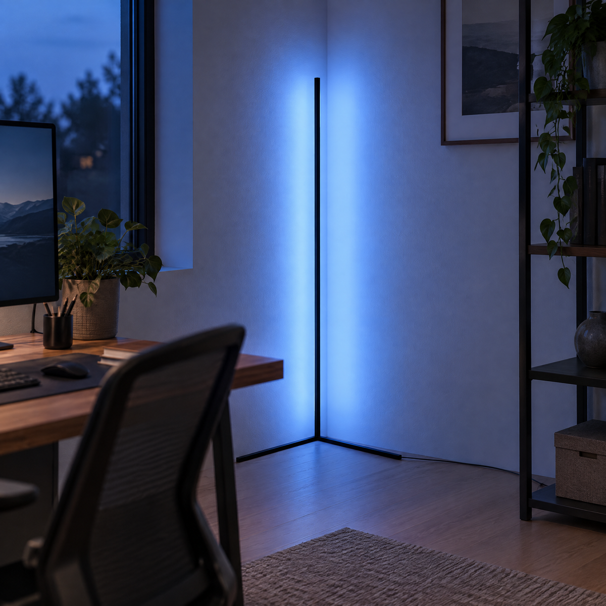 Lampa narożna LED w niebieskim świetle w rogu domowego biura obok biurka i krzesła