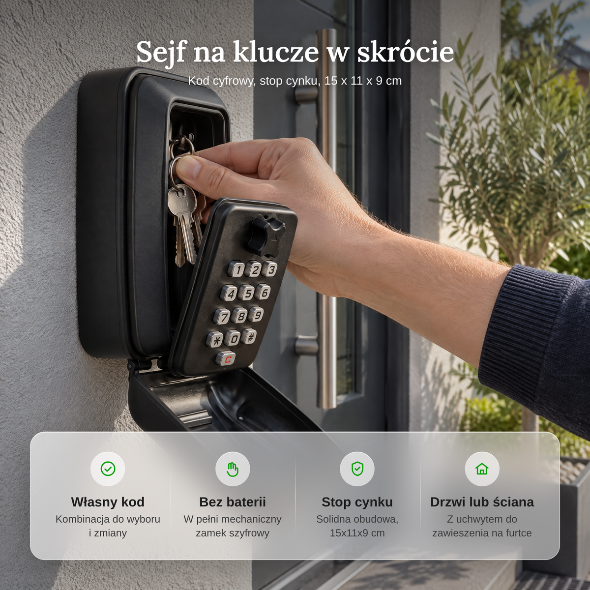 Zalety sejfu na klucze w skrócie: własny kod, bez baterii, stop cynku, uchwyt do zawieszenia