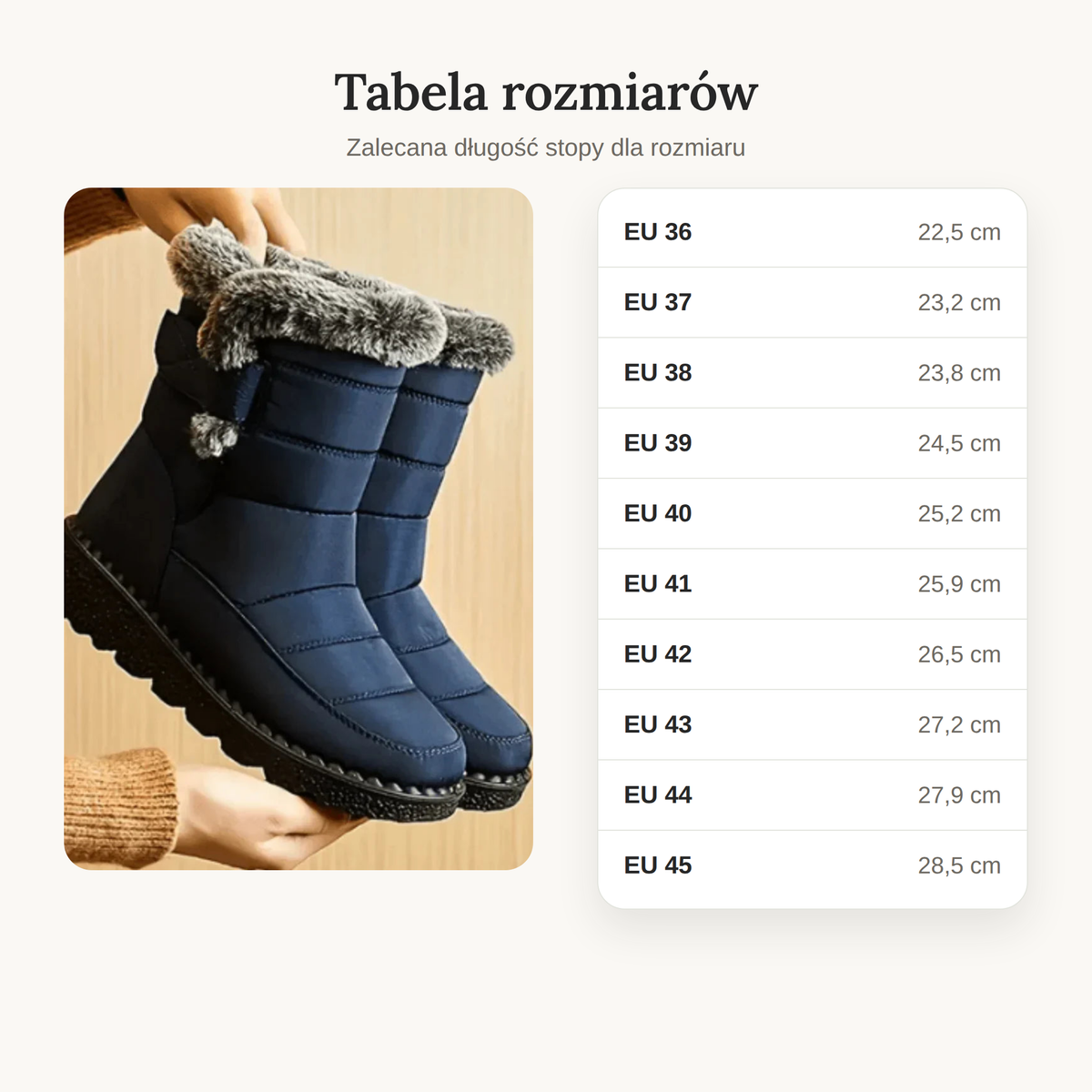 Tabela rozmiarów śniegowców damskich z długością stopy