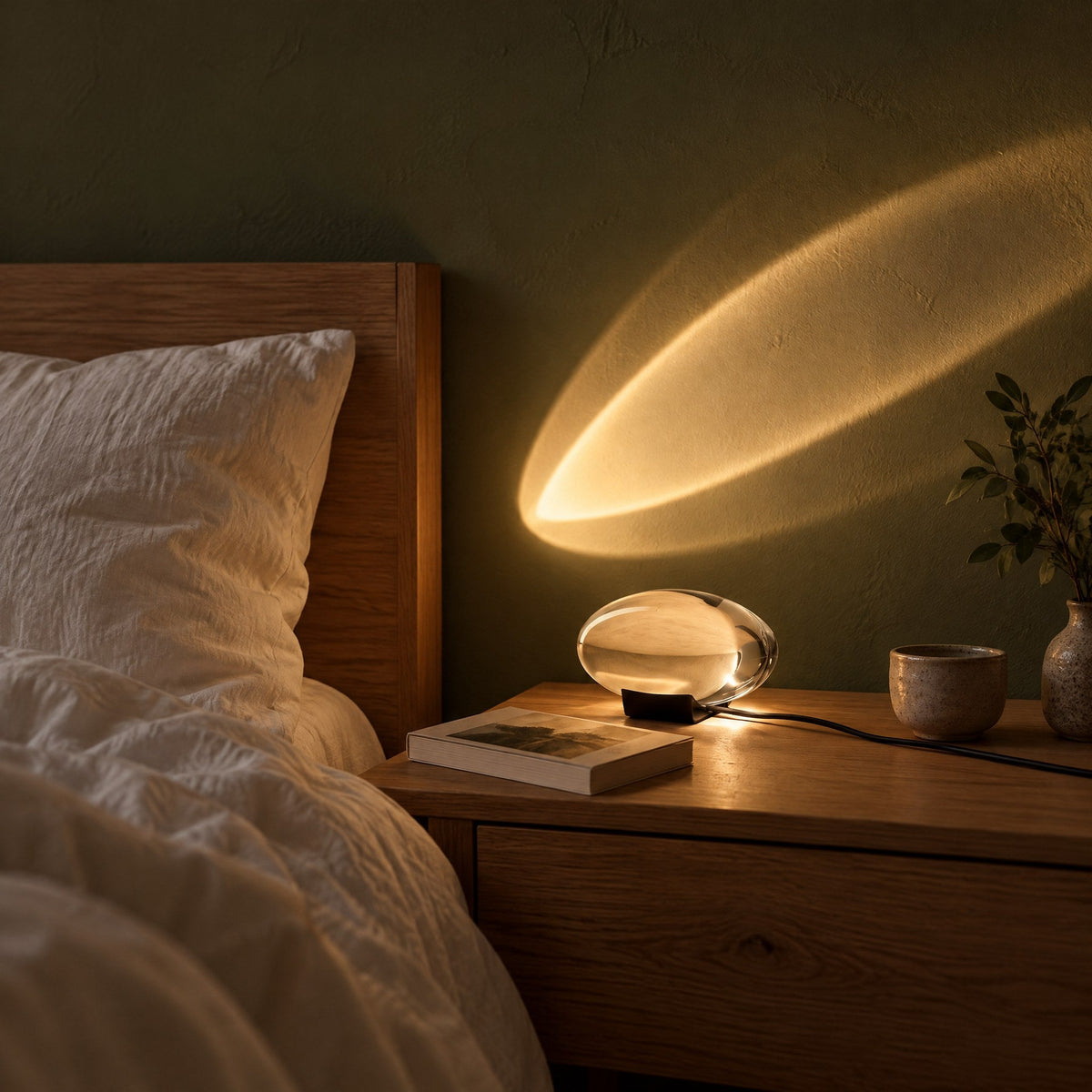 Lampka nocna sunset na dębowej szafce nocnej obok łóżka, ciepły łuk światła na zielonej ścianie