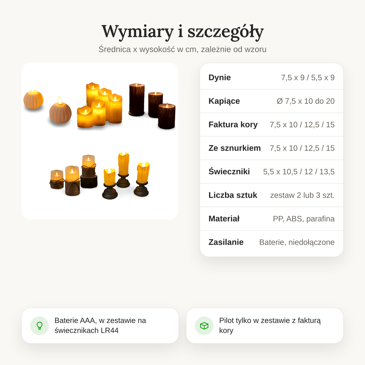 Wymiary i szczegóły świeczek LED w pięciu wzorach