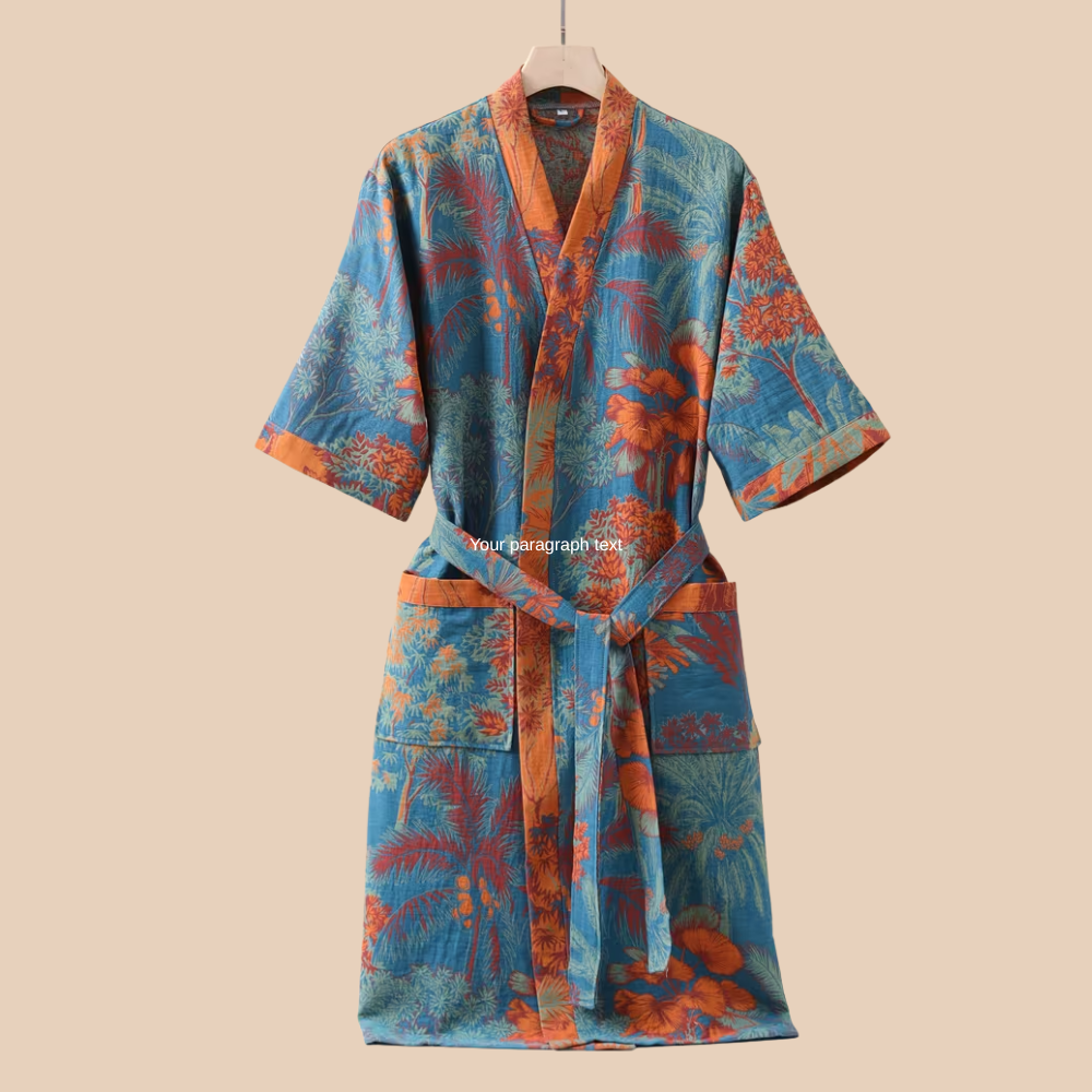 Szlafrok kimono z gazy, wzór leśna kraina niebieska