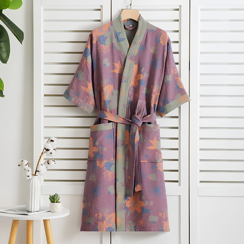 Fioletowy szlafrok damski kimono w kwiaty