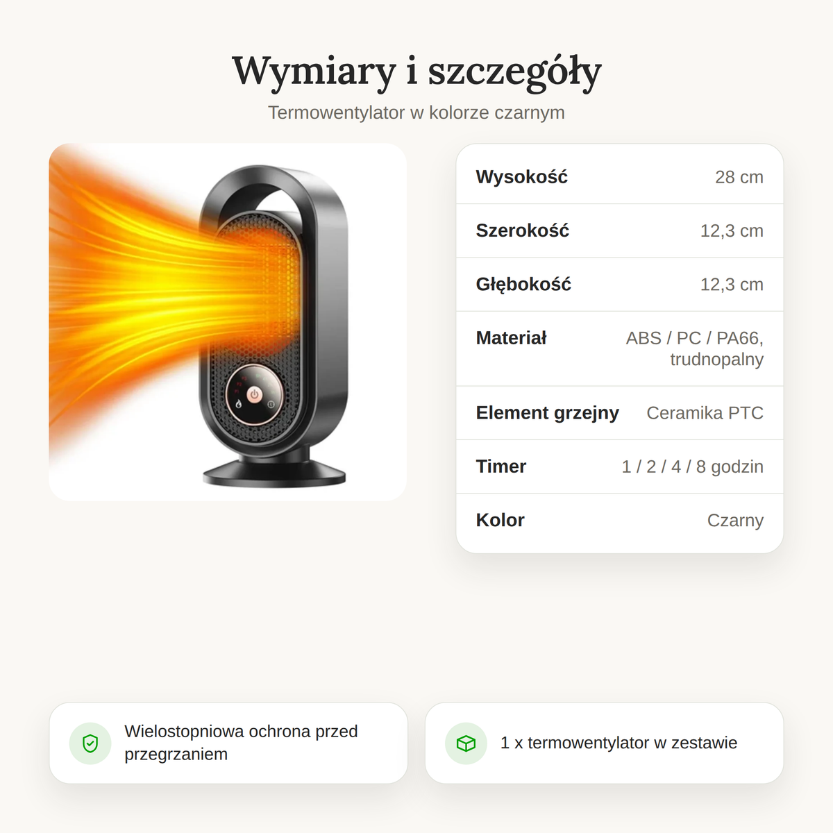 Wymiary i szczegóły termowentylatora w kolorze czarnym