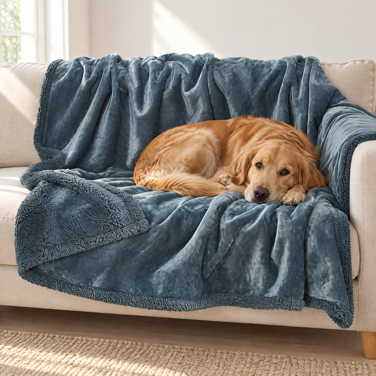 Wodoodporny koc w kolorze szaroniebieskim na kanapie, na nim leży golden retriever