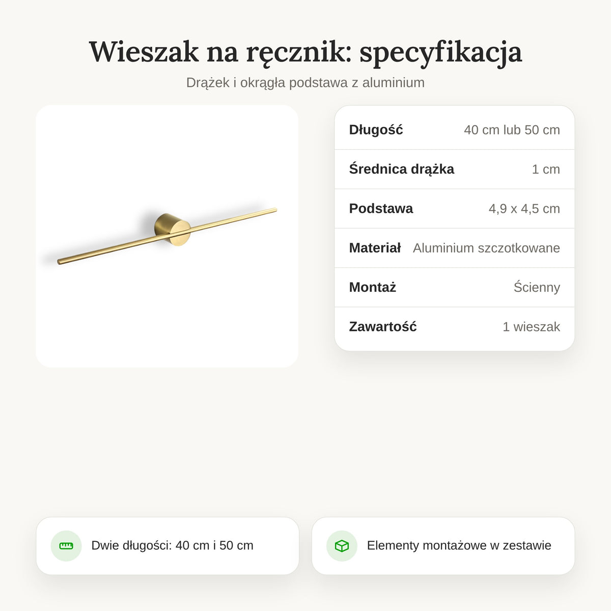Specyfikacja wieszaka na ręcznik z aluminium szczotkowanego