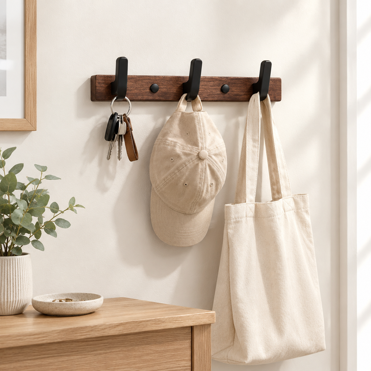 Wieszak w kolorze orzecha z 3 czarnymi haczykami na klucze, czapkę i torbę nad komodą