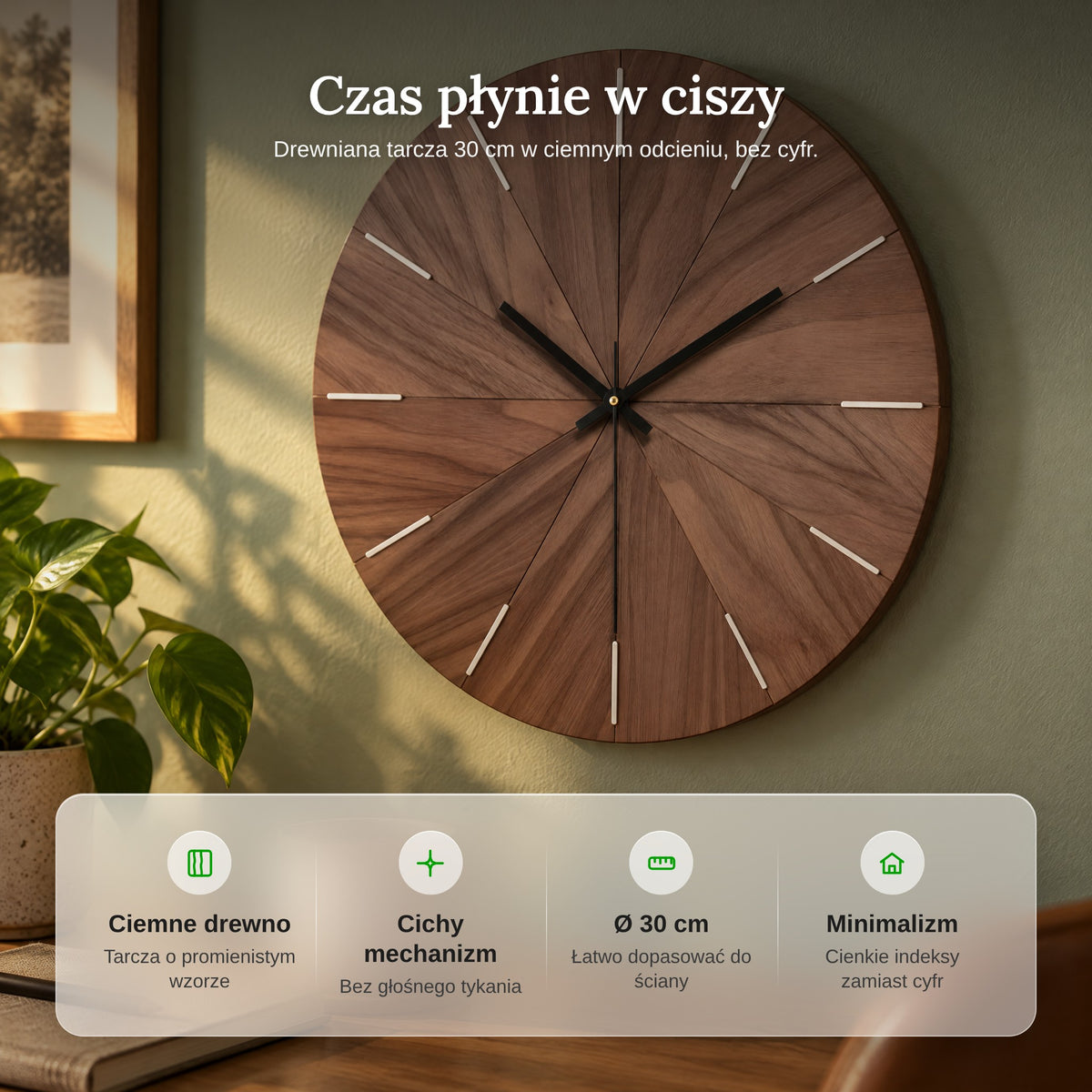 Zalety drewnianego zegara ściennego: cichy mechanizm, 30 cm, minimalistyczny wygląd