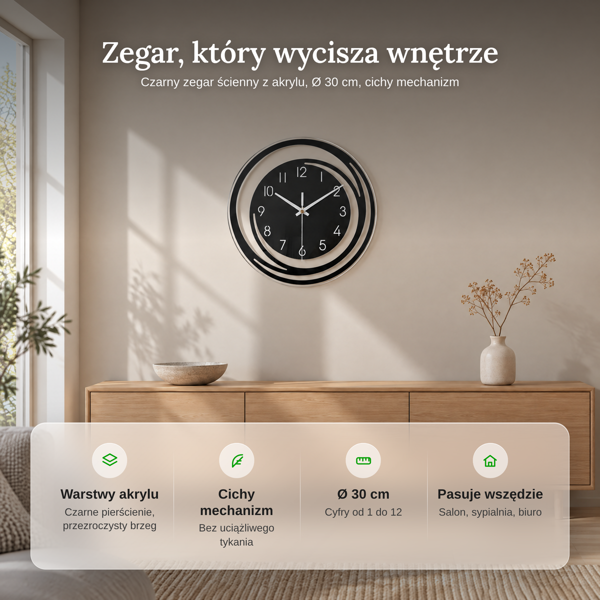 Zalety czarnego zegara ściennego z akrylu: cichy mechanizm, średnica 30 cm, warstwy akrylu